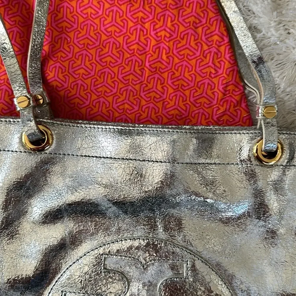 Tory Burch Metallic Silver logo T  tote Shoulder Bag.